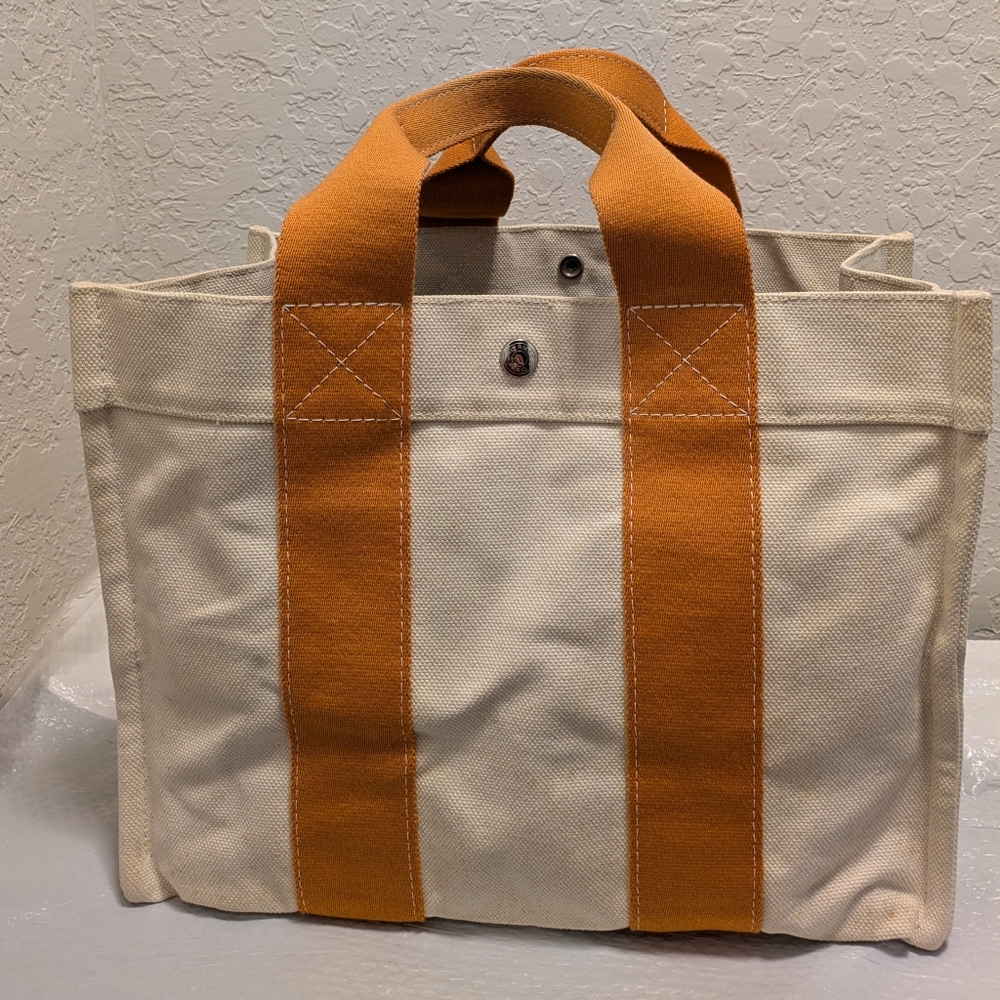 Hermes Toile Bora Bora PM Canvas Tote Bag Ivory Orange.